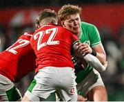 23 February 2024; Hugh Gavin of Ireland is tackled by Harri Ackerman and Harri Ford of Wales during the U20 Six Nations Rugby Championship match between Ireland and Wales at Virgin Media Park in Cork. Photo by Ben McShane/Sportsfile