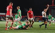 23 February 2024; Danny Sheahan of Ireland celebrates after scoring his side's fifth try during the U20 Six Nations Rugby Championship match between Ireland and Wales at Virgin Media Park in Cork. Photo by Brendan Moran/Sportsfile
