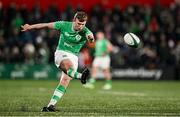 23 February 2024; Jack Murphy of Ireland kicks a conversion during the U20 Six Nations Rugby Championship match between Ireland and Wales at Virgin Media Park in Cork. Photo by Brendan Moran/Sportsfile