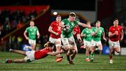 23 February 2024; Bryn Ward of Ireland is tackled by Huw Anderson of Wales during the U20 Six Nations Rugby Championship match between Ireland and Wales at Virgin Media Park in Cork. Photo by Brendan Moran/Sportsfile