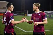 23 February 2024; Killian Brouder, left, and Robert Slevin of Galway United celebrate after the SSE Airtricity Men's Premier Division match between Dundalk and Galway United at Oriel Park in Dundalk, Louth. Photo by Ben McShane/Sportsfile