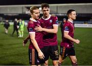 23 February 2024; David Hurley, left, and Patrick Hickey of Galway United celebrate after the SSE Airtricity Men's Premier Division match between Dundalk and Galway United at Oriel Park in Dundalk, Louth. Photo by Ben McShane/Sportsfile