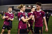 23 February 2024; David Hurley, left, and Patrick Hickey of Galway United celebrate after the SSE Airtricity Men's Premier Division match between Dundalk and Galway United at Oriel Park in Dundalk, Louth. Photo by Ben McShane/Sportsfile