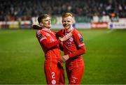 23 February 2024; Sean Gannon, left, and Shane Farrell of Shelbourne celebrate after the SSE Airtricity Men's Premier Division match between Shelbourne and Shamrock Rovers at Tolka Park in Dublin. Photo by Stephen McCarthy/Sportsfile