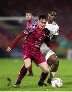 23 February 2024; James O'Leary of Cobh Ramblers in action against Carl Mujaguzi of Athlone Town during the SSE Airtricity Men's First Division match between Cobh Ramblers and Athlone Town at Turner's Cross in Cork. Photo by Michael P Ryan/Sportsfile