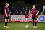 23 February 2024; David Hurley, left, and Conor McCormack of Galway United stand over a free kick during the SSE Airtricity Men's Premier Division match between Dundalk and Galway United at Oriel Park in Dundalk, Louth. Photo by Ben McShane/Sportsfile