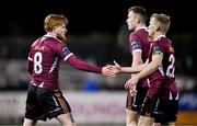 23 February 2024; Aodh Dervin of Galway United celebrates with teammate Conor McCormack, right, after scoring their side's second goal during the SSE Airtricity Men's Premier Division match between Dundalk and Galway United at Oriel Park in Dundalk, Louth. Photo by Ben McShane/Sportsfile