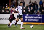 23 February 2024; Mayowa Animasahun of Dundalk and Edward McCarthy of Galway United during the SSE Airtricity Men's Premier Division match between Dundalk and Galway United at Oriel Park in Dundalk, Louth. Photo by Ben McShane/Sportsfile