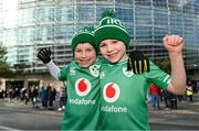 24 February 2024; Ireland supporters Ben Hunter, left, age nine, and his brother Luke Hunter, age seven, from Carrickfergus in Antrim before the Guinness Six Nations Rugby Championship match between Ireland and Wales at Aviva Stadium in Dublin. Photo by Sam Barnes/Sportsfile