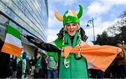 24 February 2024; Ireland supporter Brisa Orr, age 11, from Carrickfergus, Antrim, before the Guinness Six Nations Rugby Championship match between Ireland and Wales at Aviva Stadium in Dublin. Photo by Sam Barnes/Sportsfile
