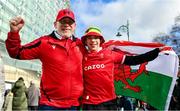 24 February 2024; Wales supporters Berian Davies, left, and his son Oran, from Killester, Dublin, before the Guinness Six Nations Rugby Championship match between Ireland and Wales at Aviva Stadium in Dublin. Photo by Sam Barnes/Sportsfile