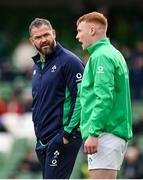 24 February 2024; Ireland head coach Andy Farrell, left, with Ciarán Frawley before the Guinness Six Nations Rugby Championship match between Ireland and Wales at Aviva Stadium in Dublin. Photo by Seb Daly/Sportsfile