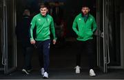 24 February 2024; Injured Ireland players Garry Ringrose, left, and Hugo Keenan before the Guinness Six Nations Rugby Championship match between Ireland and Wales at Aviva Stadium in Dublin. Photo by Ramsey Cardy/Sportsfile