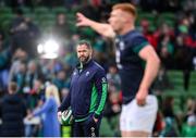 24 February 2024; Ireland head coach Andy Farrell watches Ciarán Frawley before the Guinness Six Nations Rugby Championship match between Ireland and Wales at Aviva Stadium in Dublin. Photo by Ramsey Cardy/Sportsfile