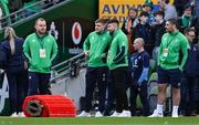 24 February 2024; Injured Ireland players, from left, Finlay Bealham, Garry Ringrose, Hugo Keenan and Tom O’Toole before the Guinness Six Nations Rugby Championship match between Ireland and Wales at Aviva Stadium in Dublin. Photo by Ramsey Cardy/Sportsfile