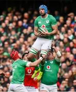 24 February 2024; Tadhg Beirne of Ireland collects a restart during the Guinness Six Nations Rugby Championship match between Ireland and Wales at Aviva Stadium in Dublin. Photo by Sam Barnes/Sportsfile