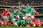 24 February 2024; Joe McCarthy of Ireland celebrates after teammate Dan Sheehan, not pictured, scored their side's first try in the 21st minute, during the Guinness Six Nations Rugby Championship match between Ireland and Wales at Aviva Stadium in Dublin. Photo by Seb Daly/Sportsfile