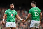 24 February 2024; Ireland centres Bundee Aki, left, and Robbie Henshaw during the Guinness Six Nations Rugby Championship match between Ireland and Wales at Aviva Stadium in Dublin. Photo by Seb Daly/Sportsfile