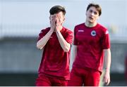 24 February 2024; Ben McDonnell of Galway Football Association reacts after a missed opportunity on goal during the FAI Youth Inter League Cup final match between Dublin & District Schoolboys League and Galway Football Association at Athlone Town Stadium in Westmeath. Photo by Tyler Miller/Sportsfile