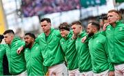 24 February 2024; Ireland players, from left, Dan Sheehan, Bundee Aki, James Ryan, Josh van der Flier, Jack Crowley, Jamison Gibson-Park and Ciarán Frawley during the national anthems before the Guinness Six Nations Rugby Championship match between Ireland and Wales at Aviva Stadium in Dublin. Photo by Ramsey Cardy/Sportsfile