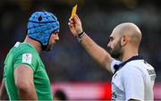 24 February 2024; Referee Andrea Piardi issues Tadhg Beirne of Ireland with a yellow card during the Guinness Six Nations Rugby Championship match between Ireland and Wales at Aviva Stadium in Dublin. Photo by Seb Daly/Sportsfile