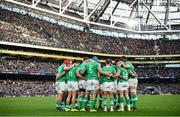 24 February 2024; The Ireland team huddle during the Guinness Six Nations Rugby Championship match between Ireland and Wales at Aviva Stadium in Dublin. Photo by Seb Daly/Sportsfile