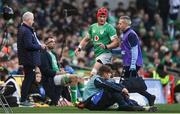 24 February 2024; Josh van der Flier of Ireland leaves the pitch for a head injury assessment during the Guinness Six Nations Rugby Championship match between Ireland and Wales at Aviva Stadium in Dublin. Photo by Seb Daly/Sportsfile