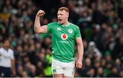 24 February 2024; Ciarán Frawley of Ireland celebrates during the Guinness Six Nations Rugby Championship match between Ireland and Wales at Aviva Stadium in Dublin. Photo by Seb Daly/Sportsfile