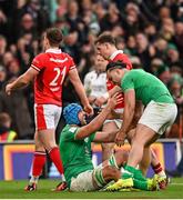 24 February 2024; Tadhg Beirne of Ireland, left, celebrates with teammate James Lowe after scoring their side's fourth try during the Guinness Six Nations Rugby Championship match between Ireland and Wales at Aviva Stadium in Dublin. Photo by Ramsey Cardy/Sportsfile