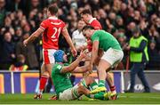 24 February 2024; Tadhg Beirne of Ireland, left, celebrates with teammate James Lowe after scoring their side's fourth try during the Guinness Six Nations Rugby Championship match between Ireland and Wales at Aviva Stadium in Dublin. Photo by Ramsey Cardy/Sportsfile