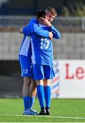 24 February 2024; Finn Smith of Dublin & District Schoolboys League. left, celebrates with team-mate Calum Donnelly after scoring their side's fourth goal during the FAI Youth Inter League Cup final match between Dublin & District Schoolboys League and Galway Football Association at Athlone Town Stadium in Westmeath. Photo by Tyler Miller/Sportsfile