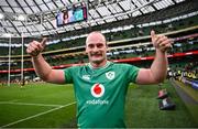 24 February 2024; Oli Jager of Ireland celebrates after the Guinness Six Nations Rugby Championship match between Ireland and Wales at Aviva Stadium in Dublin. Photo by Ramsey Cardy/Sportsfile