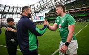 24 February 2024; Ireland head coach Andy Farrell, left, and Joe McCarthy celebrate after the Guinness Six Nations Rugby Championship match between Ireland and Wales at Aviva Stadium in Dublin. Photo by Ramsey Cardy/Sportsfile
