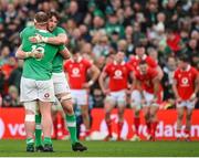 24 February 2024; Ireland players Ryan Baird, right, and Oli Jager after their side's victory during the Guinness Six Nations Rugby Championship match between Ireland and Wales at the Aviva Stadium in Dublin. Photo by Seb Daly/Sportsfile