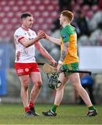24 February 2024; Aidy Kelly of Tyrone and Stephen McBride of Donegal after their drawn Allianz Hurling League Division 2 Group B match between Tyrone and Donegal at O'Neills Healy Park in Omagh, Tyrone. Photo by Ben McShane/Sportsfile