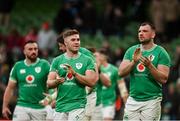24 February 2024; Ireland players including Tadhg Beirne, right, and Jack Crowley, second from left, applaud supporters after their side's victory in the Guinness Six Nations Rugby Championship match between Ireland and Wales at Aviva Stadium in Dublin. Photo by Sam Barnes/Sportsfile