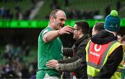 24 February 2024; Oli Jager of Ireland celebrates with supporters after his side's victory in the Guinness Six Nations Rugby Championship match between Ireland and Wales at Aviva Stadium in Dublin. Photo by Sam Barnes/Sportsfile