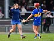 24 February 2024; Roisin Howard, left, and Karin Blair of Tipperary following their side’s victory in the Very Camogie League Division 1 match between Tipperary and Galway at The Ragg GAA Grounds in Tipperary. Photo by Tom Beary/Sportsfile