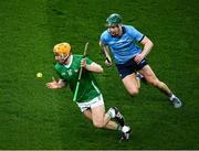 24 February 2024; Adam English of Limerick is tackled by James Madden of Dublin during the Allianz Hurling League Division 1 Group B match between Dublin and Limerick at Croke Park in Dublin. Photo by Ray McManus/Sportsfile
