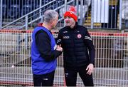 24 February 2024; Mayo manager Kevin McStay, left, and Tyrone joint-manager Brian Dooher before the Allianz Football League Division 1 match between Tyrone and Mayo at O'Neills Healy Park in Omagh, Tyrone. Photo by Ben McShane/Sportsfile