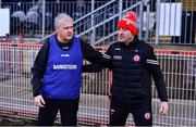 24 February 2024; Mayo manager Kevin McStay, left, and Tyrone joint-manager Brian Dooher before the Allianz Football League Division 1 match between Tyrone and Mayo at O'Neills Healy Park in Omagh, Tyrone. Photo by Ben McShane/Sportsfile