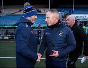 24 February 2024; Tipperary manager Liam Cahill, left, shakes hands with Westmeath manager Joe Fortune after the Allianz Hurling League Division 1 Group B match between Tipperary and Westmeath at FBD Semple Stadium in Thurles, Tipperary. Photo by Michael P Ryan/Sportsfile