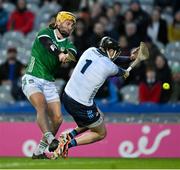 24 February 2024; Tom Morrissey of Limerick scores his side's second goal past Dublin goalkeeper Seán Brennan during the Allianz Hurling League Division 1 Group B match between Dublin and Limerick at Croke Park in Dublin. Photo by Brendan Moran/Sportsfile