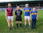 24 February 2024; Referee Sean Cleere with Westmeath captain Niall Mitchell, left, Tipperary captain Seamus Kennedy, and mascot Tommy Cleary from Moyne/Templetuohy, before the Allianz Hurling League Division 1 Group B match between Tipperary and Westmeath at FBD Semple Stadium in Thurles, Tipperary. Photo by Michael P Ryan/Sportsfile