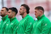 24 February 2024; Ireland players, from right to left, Tadhg Furlong, Caelan Doris, Conor Murray and Tadhg Beirne before the Guinness Six Nations Rugby Championship match between Ireland and Wales at Aviva Stadium in Dublin. Photo by Ramsey Cardy/Sportsfile