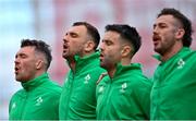 24 February 2024; Ireland players, from left, Peter O’Mahony, Tadhg Beirne, Conor Murray and Caelan Doris before the Guinness Six Nations Rugby Championship match between Ireland and Wales at Aviva Stadium in Dublin. Photo by Ramsey Cardy/Sportsfile