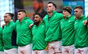24 February 2024; Ireland players, from left,James Lowe, Dan Sheehan, Bundee Aki, James Ryan, Josh van der Flier and Jack Crowley before the Guinness Six Nations Rugby Championship match between Ireland and Wales at Aviva Stadium in Dublin. Photo by Ramsey Cardy/Sportsfile