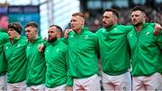24 February 2024; Ireland players, from left, Josh van der Flier, Jack Crowley, Jamison Gibson-Park, Ciarán Frawley, Jack Conan and Robbie Henshaw before the Guinness Six Nations Rugby Championship match between Ireland and Wales at Aviva Stadium in Dublin. Photo by Ramsey Cardy/Sportsfile