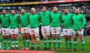 24 February 2024; Ireland players, from left, Jack Conan, Robbie Henshaw, Stuart McCloskey, Oli Jager, Ryan Baird, Joe McCarthy, Rónan Kelleher and Cian Healy before the Guinness Six Nations Rugby Championship match between Ireland and Wales at Aviva Stadium in Dublin. Photo by Ramsey Cardy/Sportsfile