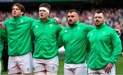 24 February 2024; Ireland players, from left, Ryan Baird, Joe McCarthy, Rónan Kelleher and Cian Healy before the Guinness Six Nations Rugby Championship match between Ireland and Wales at Aviva Stadium in Dublin. Photo by Ramsey Cardy/Sportsfile